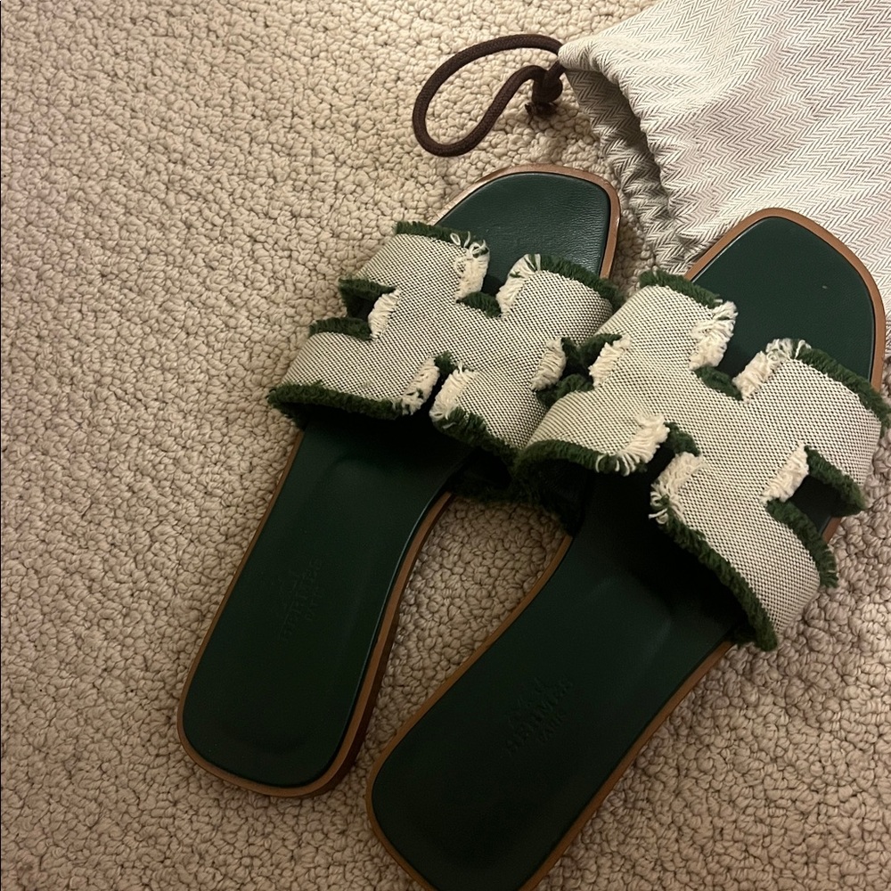 Hermes Green and Cream Sandals
